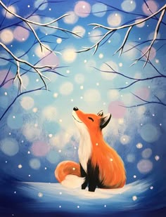 a painting of a fox sitting in the snow