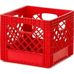 a red plastic crate is shown on a white background