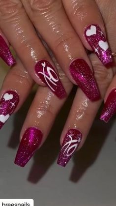 Valentine Nails Designs Acrylic, Crazy Valentines Day Nails, Coffin Valentine Nails Design, Cat Eye Valentines Day Nails, 2024 Valentines Nails, Cute Valentine’s Day Nails, Valentine’s Day Nail Designs, Valentines Day Nails Glitter, Glitter Valentines Nails