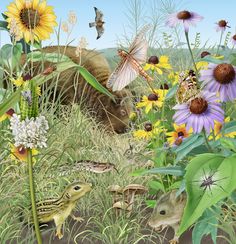 a painting of animals and flowers in the grass