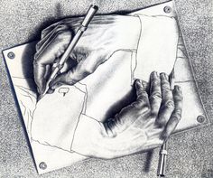 a pencil drawing of two hands holding something with one hand and the other is writing on paper