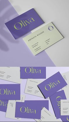 purple and white business cards with the name olvia on them