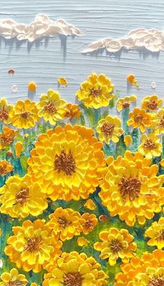 a painting of yellow flowers with mountains in the background