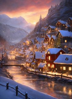 a painting of a snowy village with lights on and snow covered mountains in the background