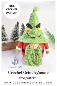 a crocheted gnome is shown with the text, free pattern for this christmas decoration