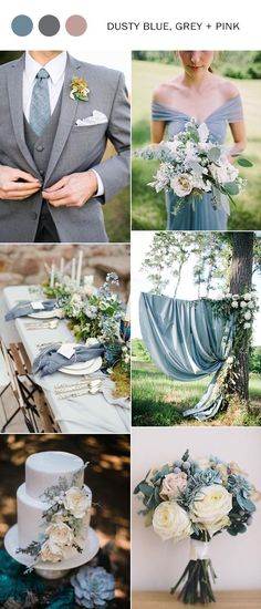 the wedding color scheme is blue, grey and pink