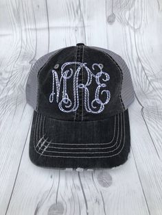 Low profile unstructured Herringbone cotton Twill/mesh cap. Contrasting stitches, frayed bill, Self-fabric Strap, Velcro closure. Vintage Monogram Monogram Hats, Vintage Monogram, Fabric Strap, Mesh Cap, Custom Items, Trucker Cap, Low Profile, Cotton Twill, Caps Hats