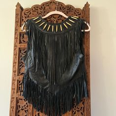 Excellent Condition Tribe Black And Brown Leather Vest With Tag. Buffalo Bone Beads And Fringe With Metal Detail. Very Soft Leather. Brown Leather Vest, Olive Green Vest, Stand Neck, Bleached Denim, Metal Detail, Crochet Halter Tops, Wool Vest, Bone Beads, Cardigan Vest