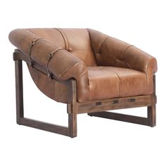 a brown leather chair sitting on top of a wooden frame