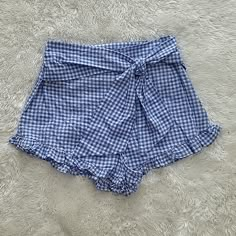 Nwt. No Flaws, Never Worn Side Hidden Zipper High Waist Ruffle Hem Ribbon Detail At Front Cute Gingham Shorts For Summer, Cute Blue Summer Shorts, H&m Cotton Bottoms For Day Out, Trendy H&m Bottoms For Day Out, Blue H&m Bottoms For Spring, H&m Blue Bottoms For Spring, Trendy Blue H&m Bottoms, Summer Style H&m Short Bottoms, Blue Cotton H&m Shorts