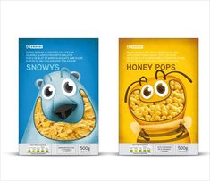 two boxes of cereal with eyes and nose on the front one has an animal face