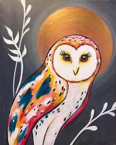 an owl painted with acrylic paint sitting on a branch in front of the sun