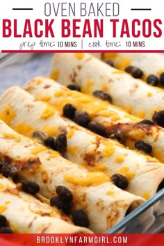 baked black bean tacos in a baking dish with text overlay