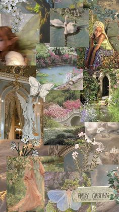 a collage of fairy images with flowers, trees and other things in the background