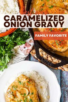 Pork chops in a skillet smothered in onion gravy. Gravy For Pork Chops, Gravy For Pork, Homemade Onion Gravy, Beef Mashed Potatoes, Onion Gravy Recipe, Pork Chop Sauce, Gluten Free Gravy