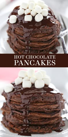 chocolate pancakes topped with marshmallows on a white plate