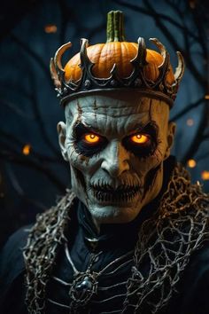 a creepy looking man wearing a crown with glowing eyes