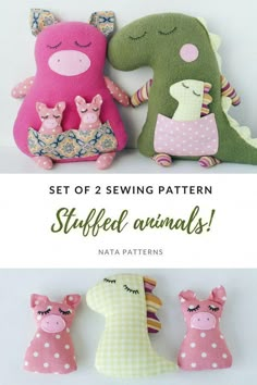 three stuffed animals sitting next to each other with the words set of 2 sewing pattern