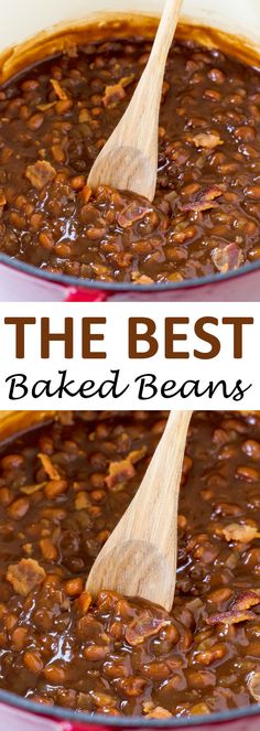 the best baked beans recipe in a red pan with wooden spoons and title overlay