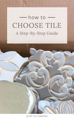 a box filled with white and gold cookie decorating supplies that says how to choose tile