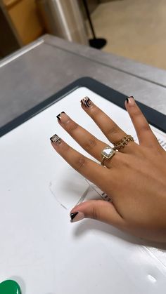 Black Nails Ideas French Tips, Black French Tip Shorties, Black French Nails With Charms, Short Acrylic Nails Black French Tip, Short Junk Nail Designs Square, Cute Short Nail Sets Black, Shorties French Tip, Number On Nails, Nail Ideas Short French Tips