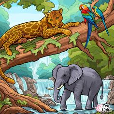 an elephant and a giraffe sitting on a tree branch in front of a waterfall