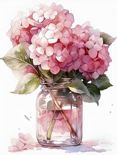 a painting of pink flowers in a glass jar with watercolor pencils on paper