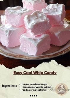 a plate full of pink and white marshmallows on a table with the words easy cool whip candy