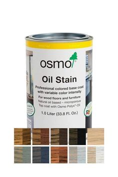 a can of osmo oil stain with various colors and finishes in it, on a white background