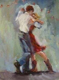 a painting of two people dancing in the rain