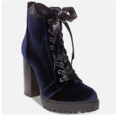 Zipper On Side 4 In Heel Steve Madden Never Worn, Brand New Without Tags Nwot New Without Box Blue Combat Boots, Dark Blue Heels, Steve Madden Black Boots, Blue Ankle Boots, Lace Up Heel Boots, Chunky Heel Booties, Madden Boots, Steve Madden Boots, Velvet Boots