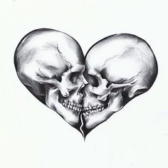 two skulls in the shape of a heart with their heads touching each other's foreheads