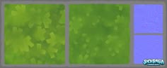 three panels of green grass with blue and purple squares in the middle one panel is slightly open