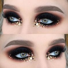 Black And Gold Eye Makeup, Gold Eye Makeup Looks, Burlesque Makeup, Maquillage Yeux Cut Crease, Gold Eye Makeup, Eye Makeup Looks, Festival Makeup, Eye Makeup Art, Gold Eyes