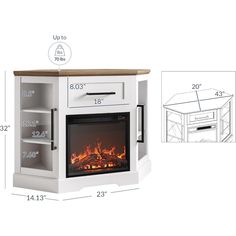 an electric fireplace is shown with measurements for the heater and shelf space below it