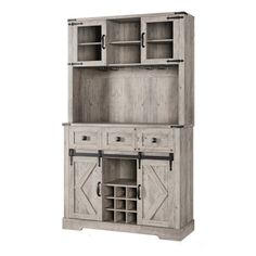 a large wooden cabinet with two doors and wine racks on the bottom, one door open