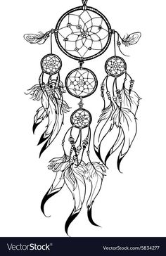 a black and white drawing of a dream catcher