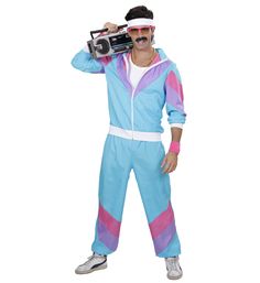 a man in blue and pink jumpsuits holding a boombox on his shoulder