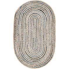 an oval rug with blue and white stripes on the bottom, in front of a white background