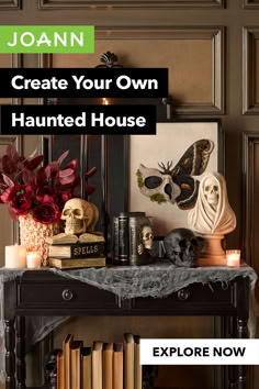 a halloween mantle with candles and skulls on it in front of a book shelf filled with books