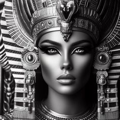 a black and white photo of a woman wearing an egyptian headdress with jewels