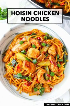 Sticky, savory-sweet, spicy and DELICIOUS, this Hoisin Chicken Noodles dish is incredibly flavorful and easy to make! Tender chicken, fragrant aromatics, veggies and noodles get tossed in mouthwatering stir fry sauce starring hoisin sauce! It’s customizable with your favorite protein and veggies and gluten-free and vegetarian/vegan adaptable. #noodles #stirfry #dinner #easyrecipes #chinesefood #asianfood #spicy #chickennoodles #hoisinsauce #mealprep #highproteinmeals | That Spicy Chick Noodles Recipes