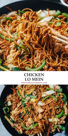 chicken lo mein in a skillet with chopsticks