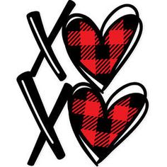 two hearts with crossed swords in the middle, one is red and black checkered