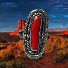 Elongated Coral Ring In Sterling Silver. Coral Set Into Sawtooth Bezel With Stamped Edging & Rope Trim. Length At Front, From Top To Bottom Is 1 1/8 Inches. 4 Grams In Weight. Unsigned Coral Ring, Ring Size 7, Womens Jewelry Rings, Ring Size, Coral, Size 7, Stamp, Women Jewelry, Trim