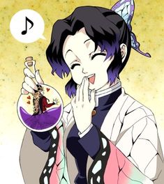 an anime character holding a bowl with food in it