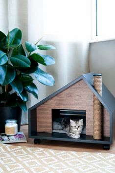 a cat is sitting in a small house on the floor next to a potted plant