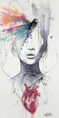 a drawing of a woman's face with colorful hair and paint splatters on it