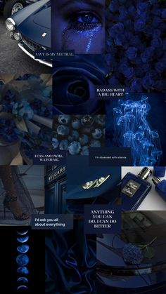 a collage of photos with blue and black colors