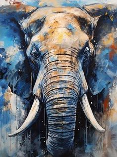 an elephant painting with blue and yellow colors